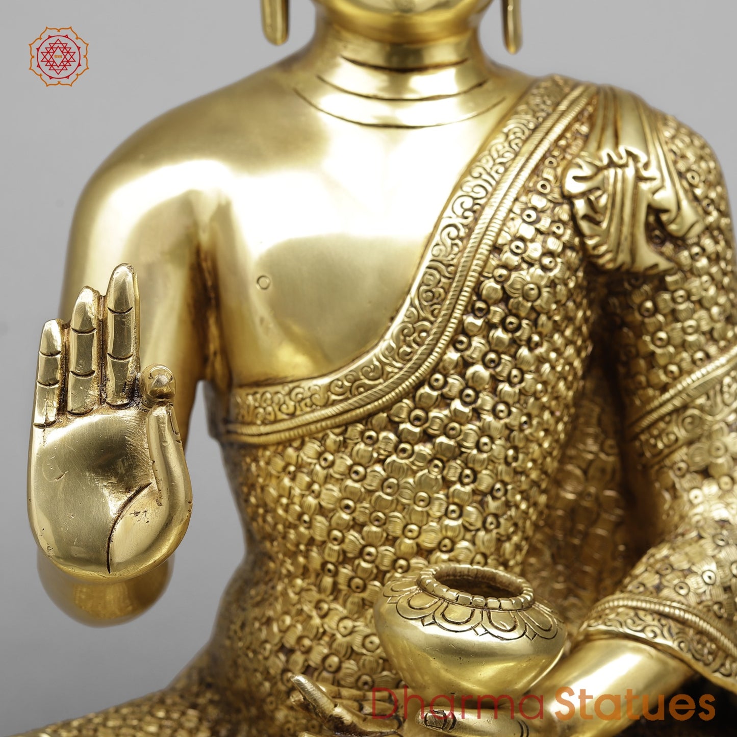 Brass Buddha Seated Full Robbed Blessing, Fine Golden Finish 22”