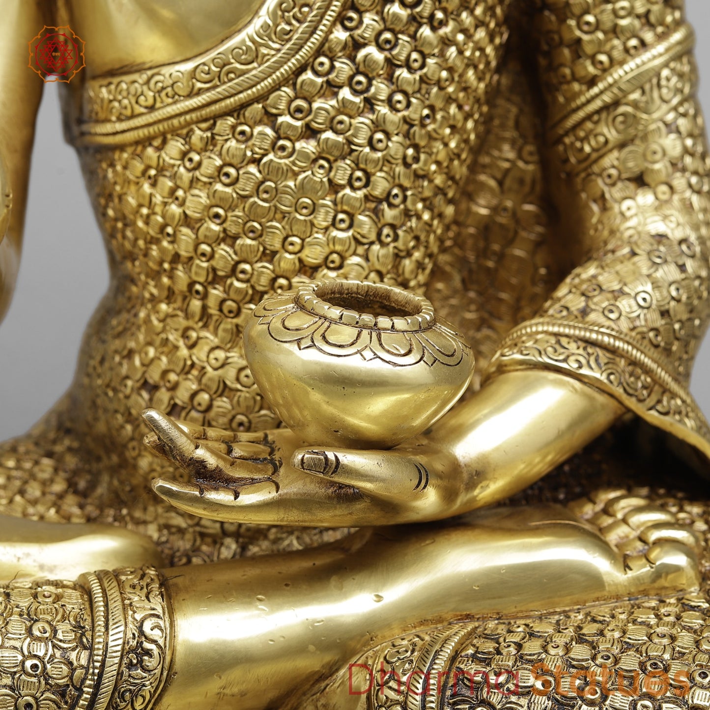 Brass Buddha Seated Full Robbed Blessing, Fine Golden Finish 22”