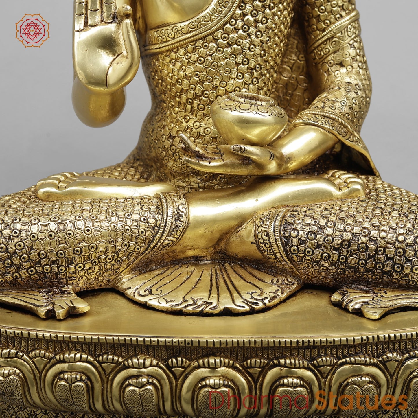 Brass Buddha Seated Full Robbed Blessing, Fine Golden Finish 22”