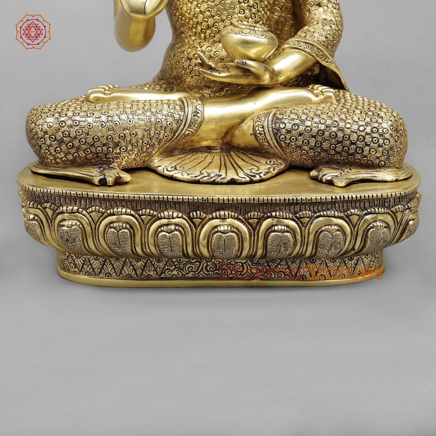 Brass Buddha Seated Full Robbed Blessing, Fine Golden Finish 22”