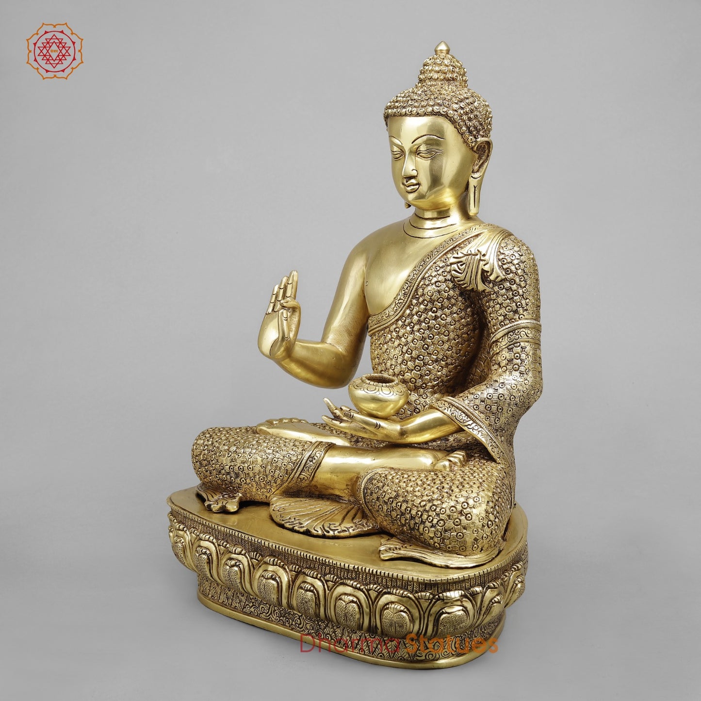 Brass Buddha Seated Full Robbed Blessing, Fine Golden Finish 22”