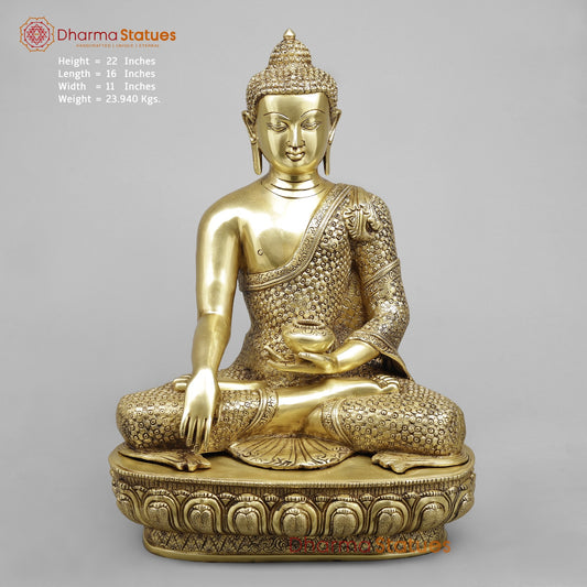 Brass Buddha Seated Full Robbed Sakyamuni (Earth Touching), Fine Golden Finish 22”