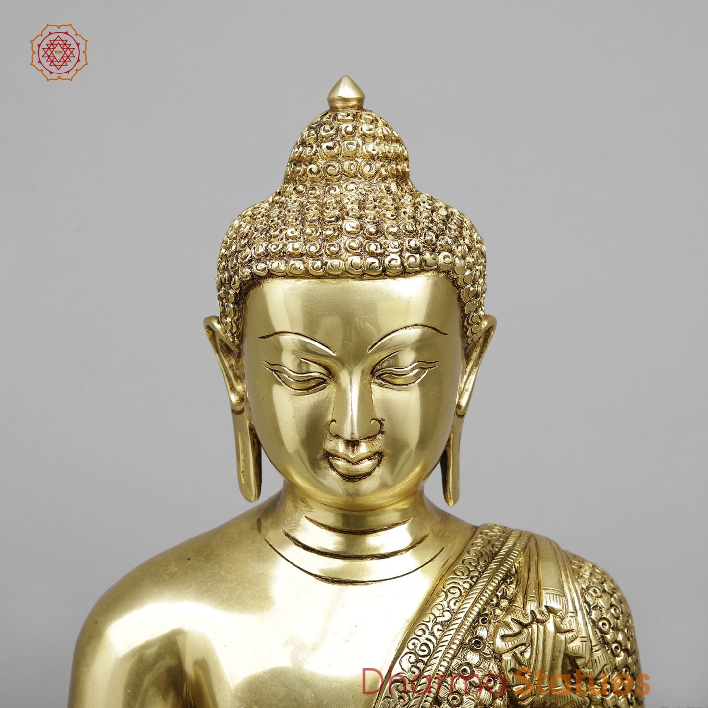 Brass Buddha Seated Full Robbed Sakyamuni (Earth Touching), Fine Golden Finish 22”