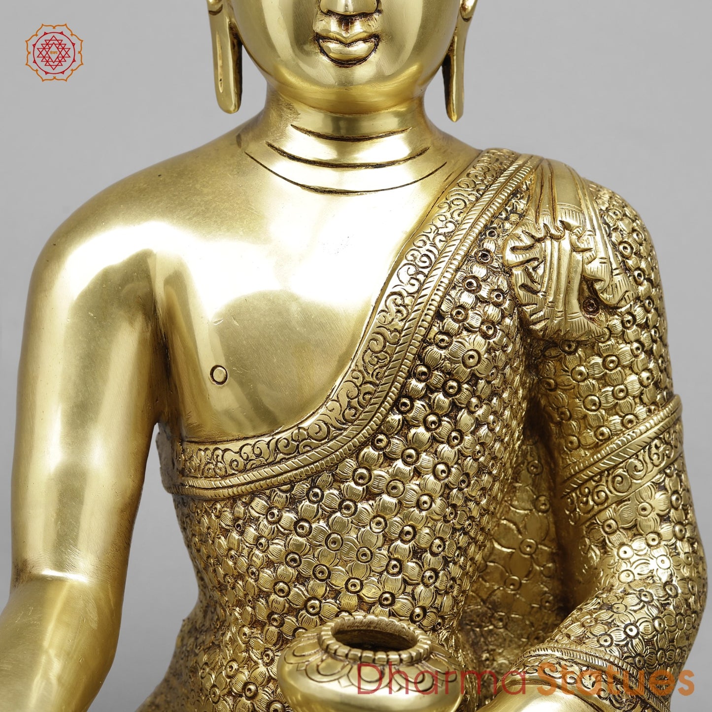 Brass Buddha Seated Full Robbed Sakyamuni (Earth Touching), Fine Golden Finish 22”