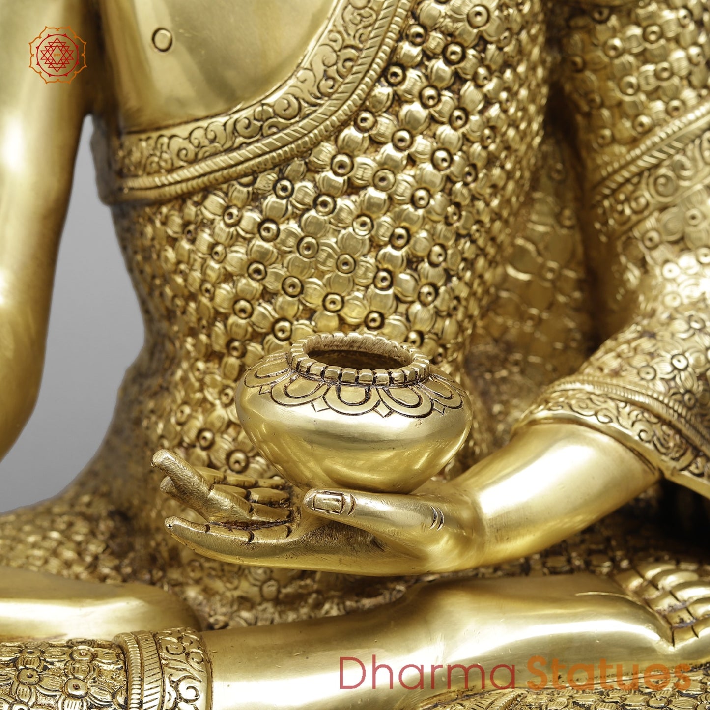 Brass Buddha Seated Full Robbed Sakyamuni (Earth Touching), Fine Golden Finish 22”