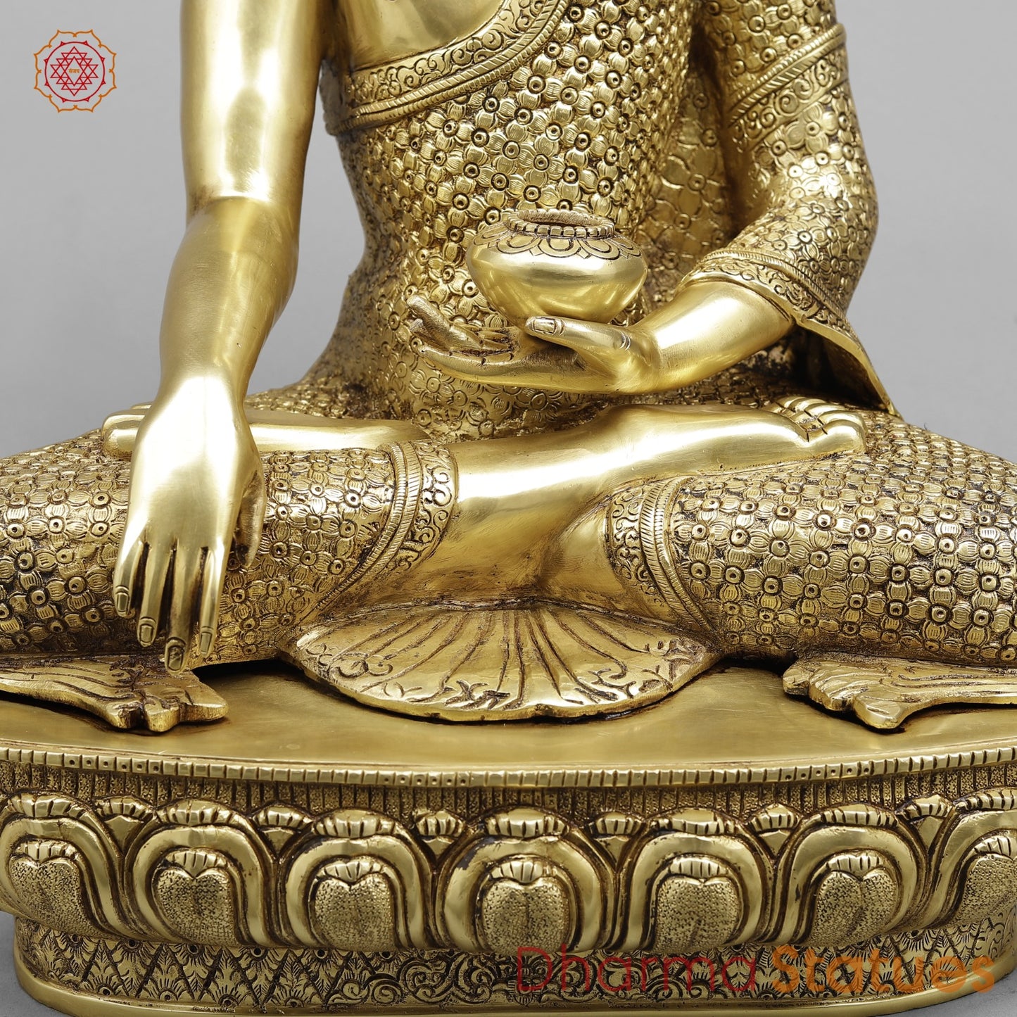 Brass Buddha Seated Full Robbed Sakyamuni (Earth Touching), Fine Golden Finish 22”