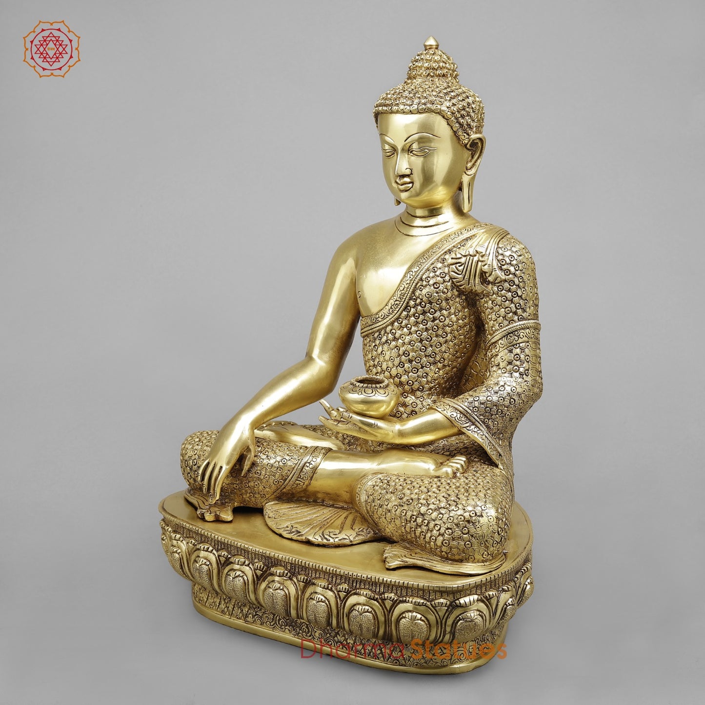 Brass Buddha Seated Full Robbed Sakyamuni (Earth Touching), Fine Golden Finish 22”
