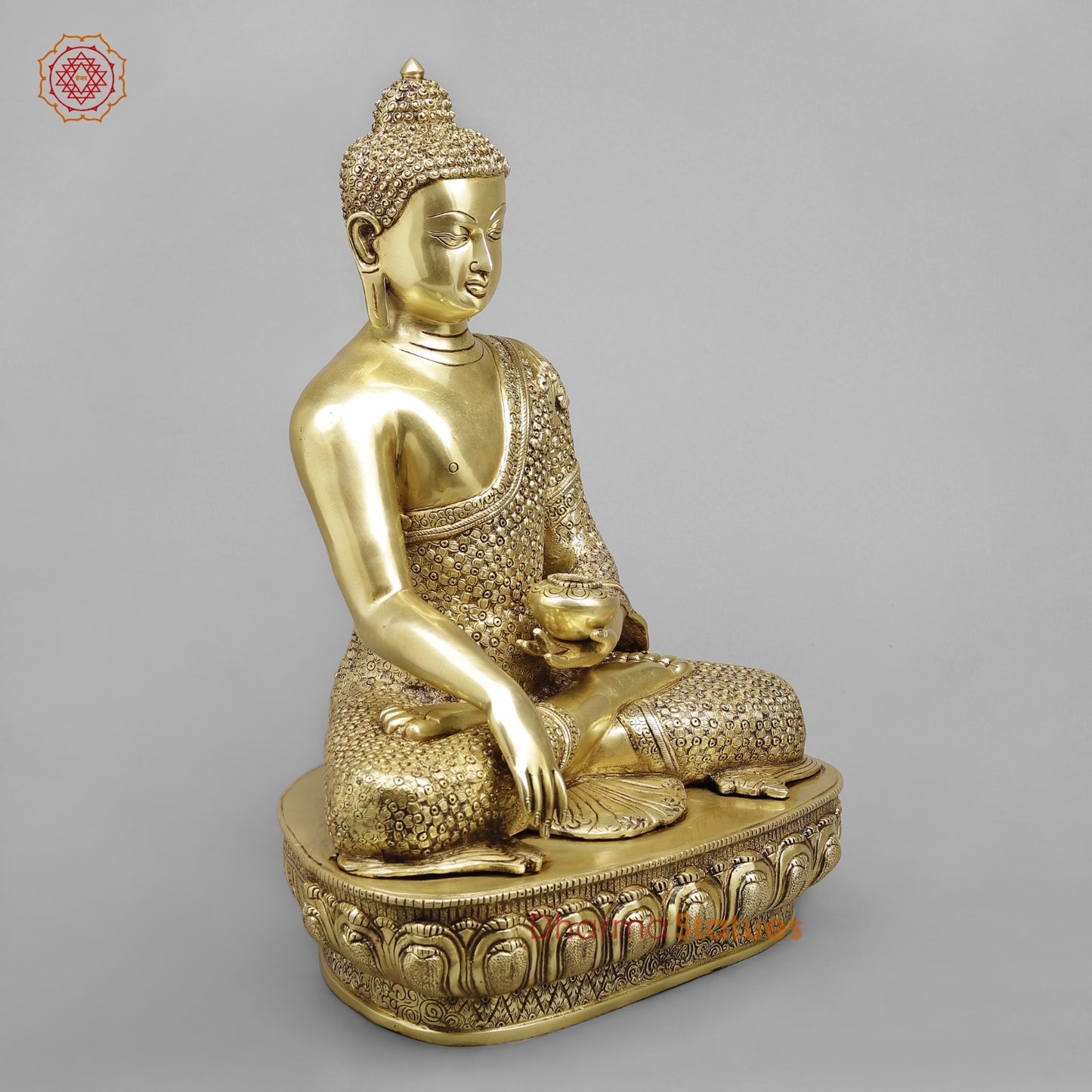 Brass Buddha Seated Full Robbed Sakyamuni (Earth Touching), Fine Golden Finish 22”