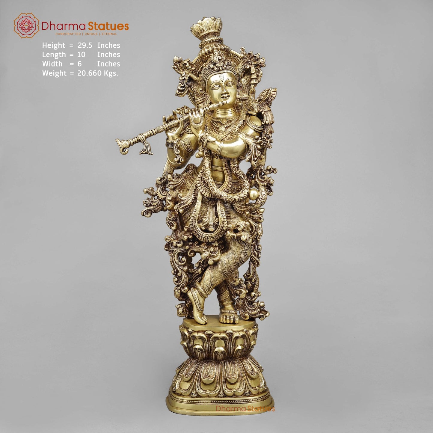 Brass Krishna Standing (Premium Quality), Gold Finish 30”