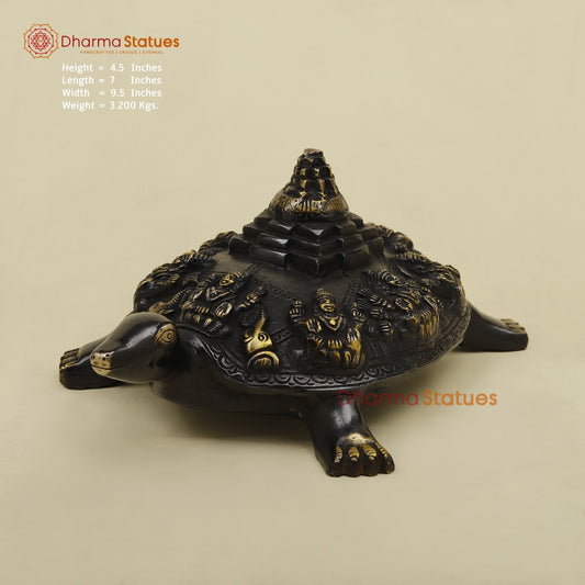 Brass Ashtlakshmi Tortoise with Meru on top, Black golden Finish 7”