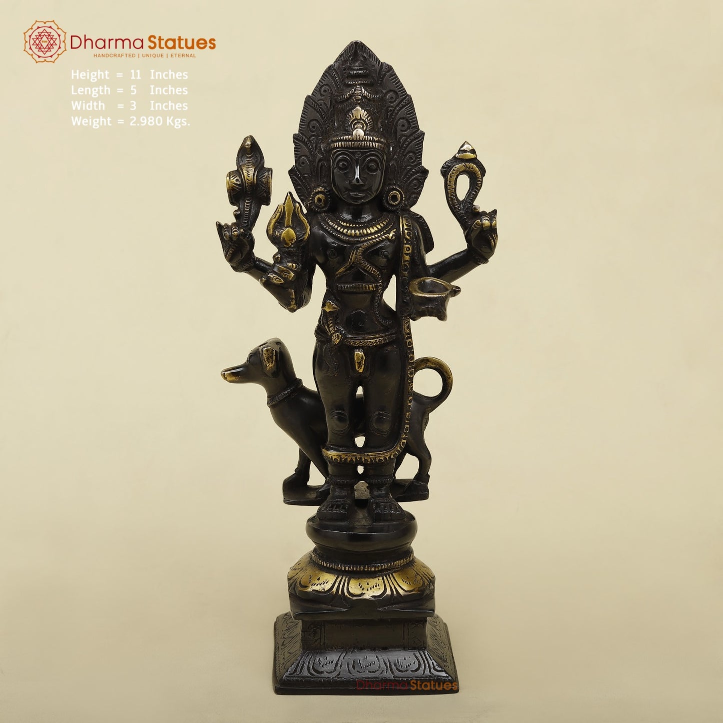 Brass Bhairo Standing Fine, Black and gold Finish 11”