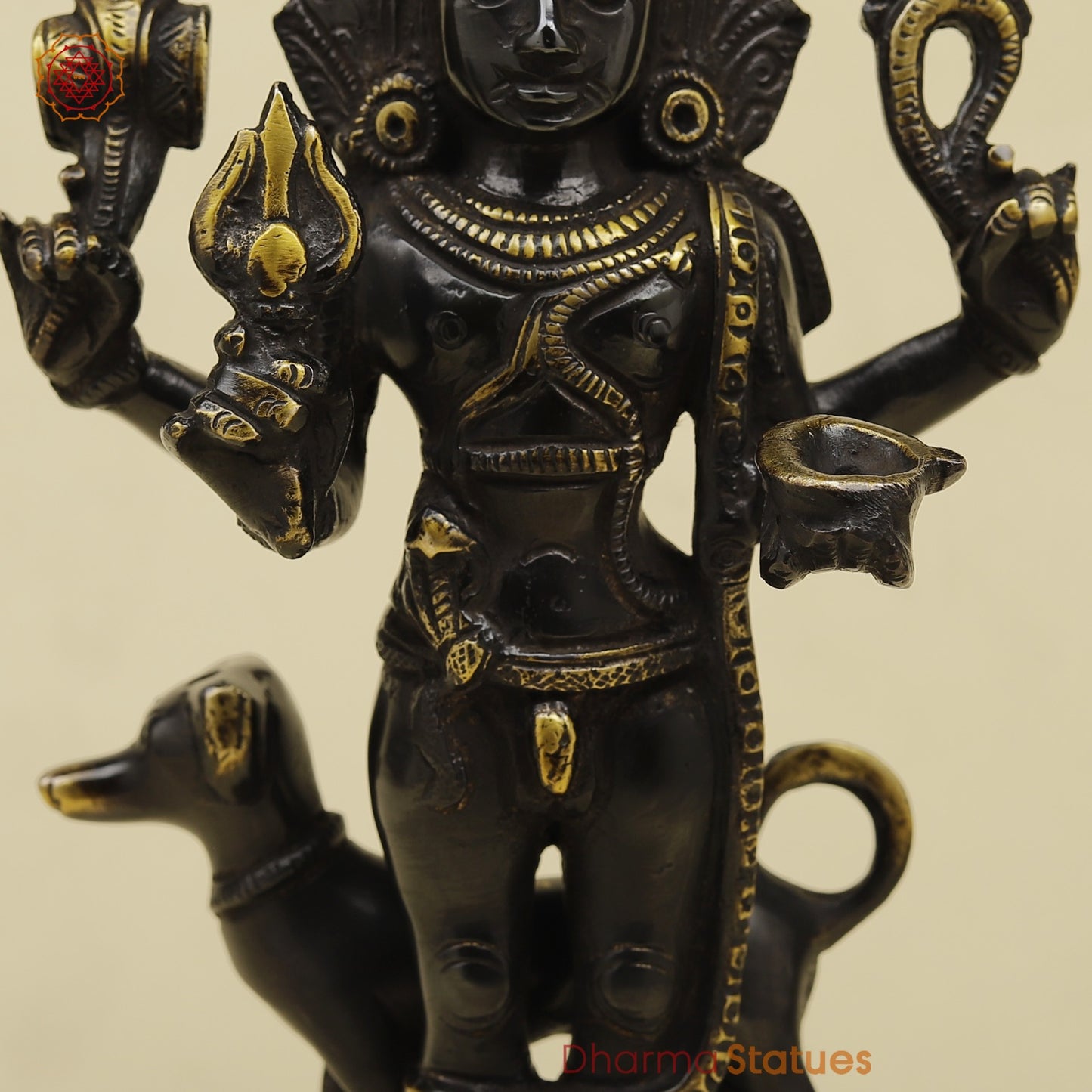 Brass Bhairo Standing Fine, Black and gold Finish 11”