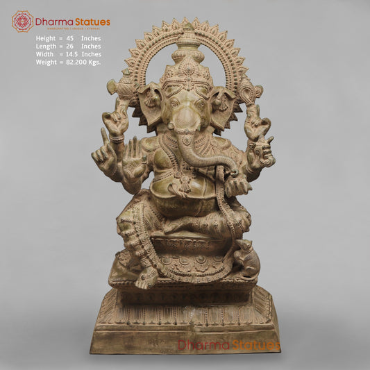 Brass Ganesh Seated on Pedestal, Green Patina Finish 45”
