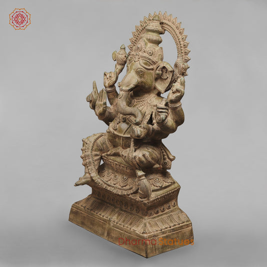 Brass Ganesh Seated on Pedestal, Green Patina Finish 45”