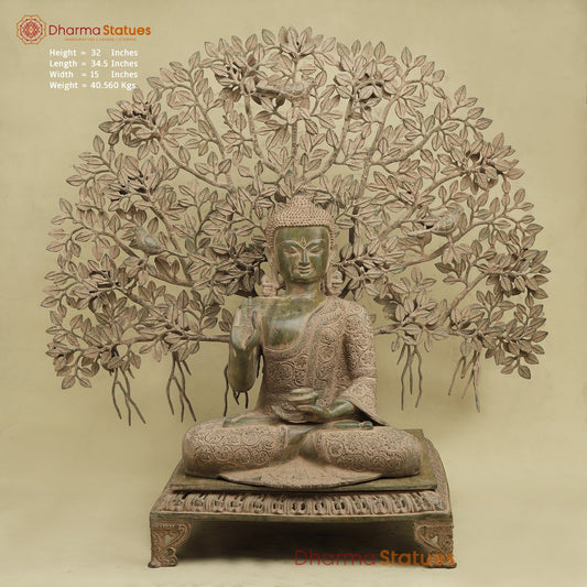 Brass Buddha Seated With Tree, Green Patina Finish 32”