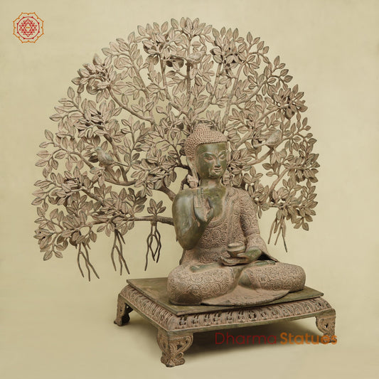 Brass Buddha Seated With Tree, Green Patina Finish 32”