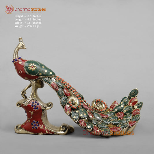 Brass Peacock Standing Fine, Stone work 12”