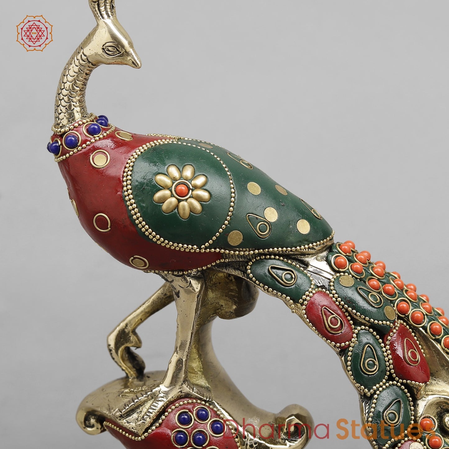 Brass Peacock Standing Fine, Stone work 12”