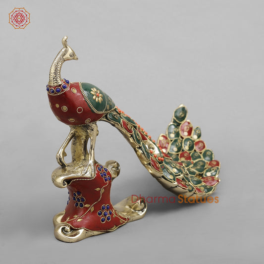 Brass Peacock Standing Fine, Stone work 12”