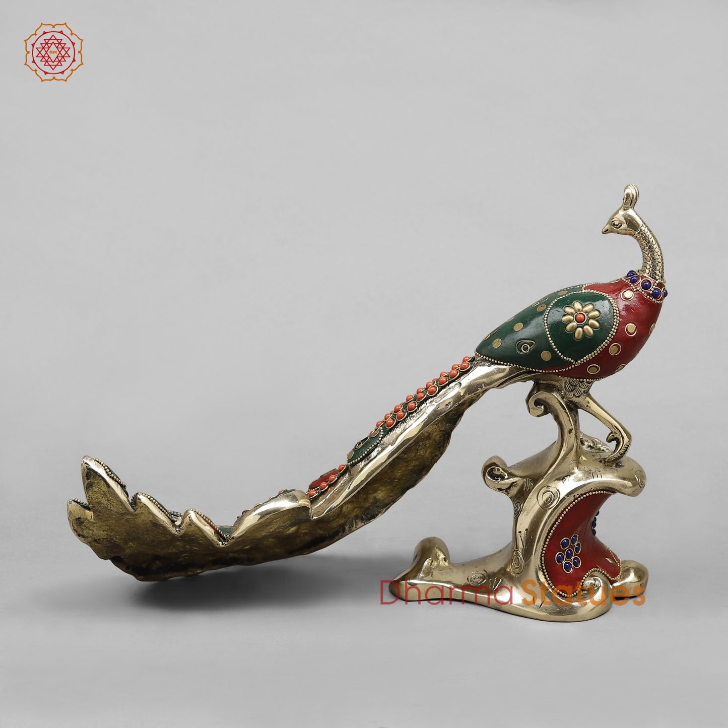 Brass Peacock Standing Fine, Stone work 12”