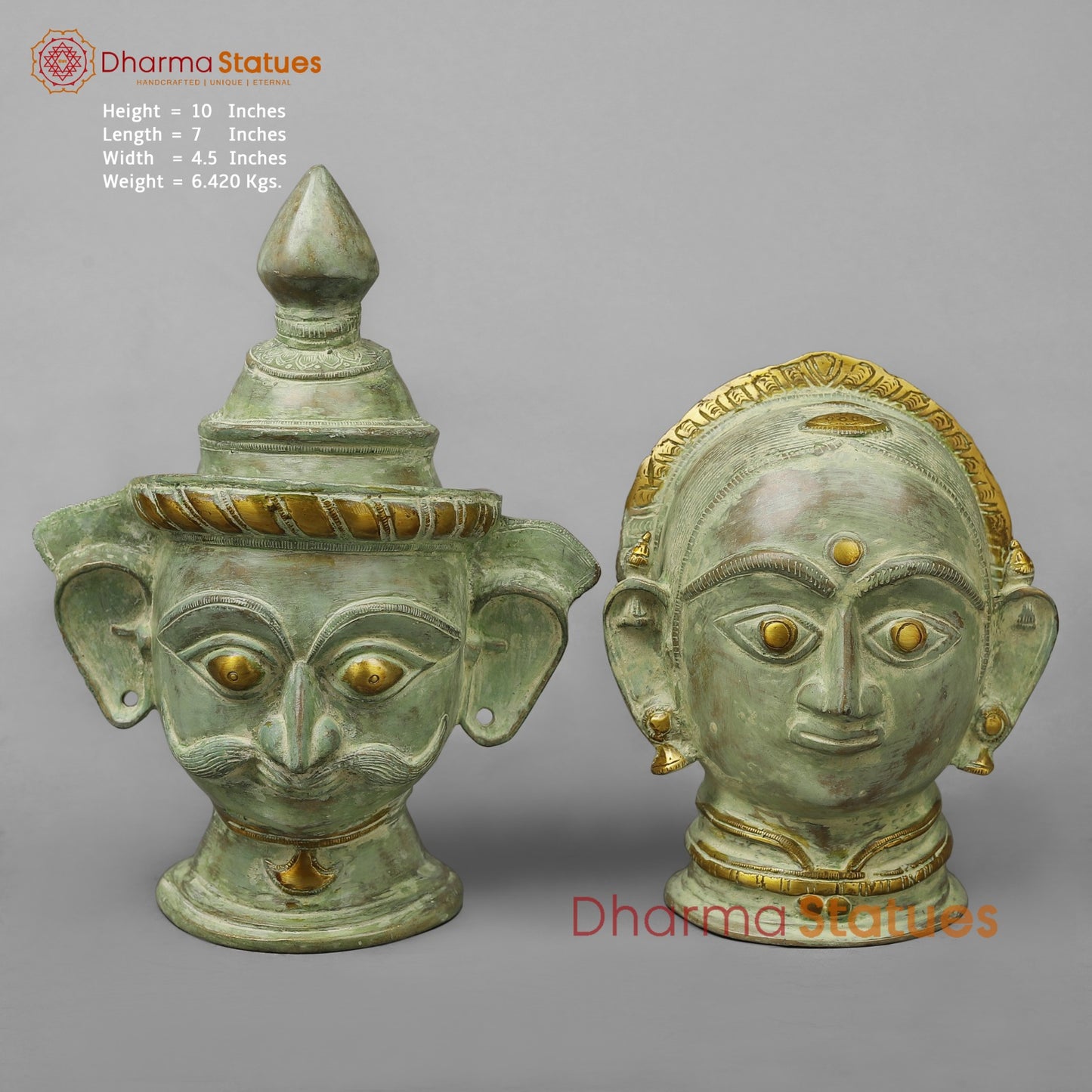Brass Shiva Parwati Head, Green Leaf Patina 10”