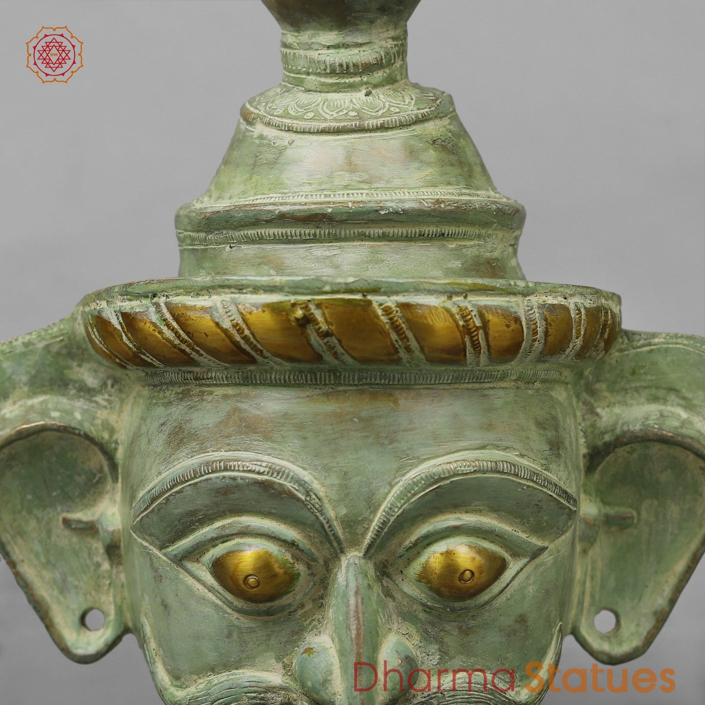Brass Shiva Parwati Head, Green Leaf Patina 10”