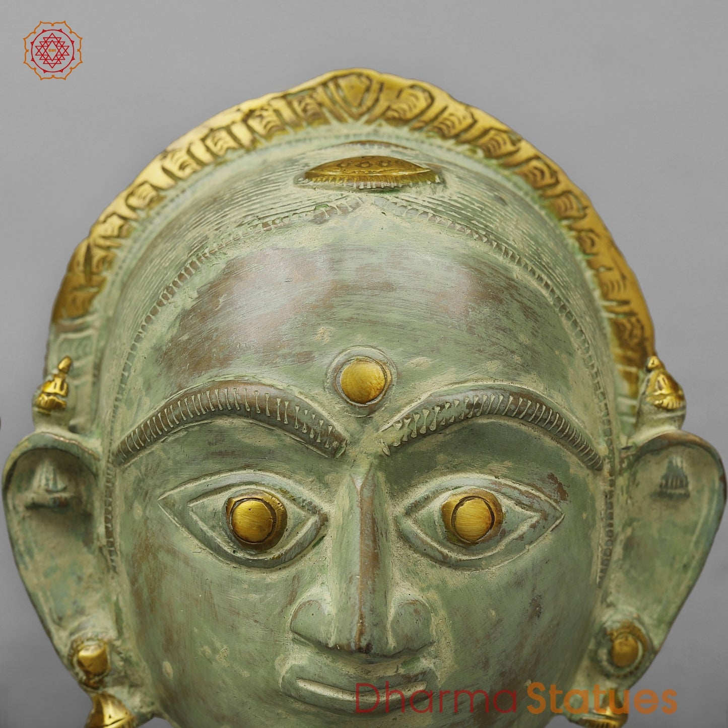 Brass Shiva Parwati Head, Green Leaf Patina 10”
