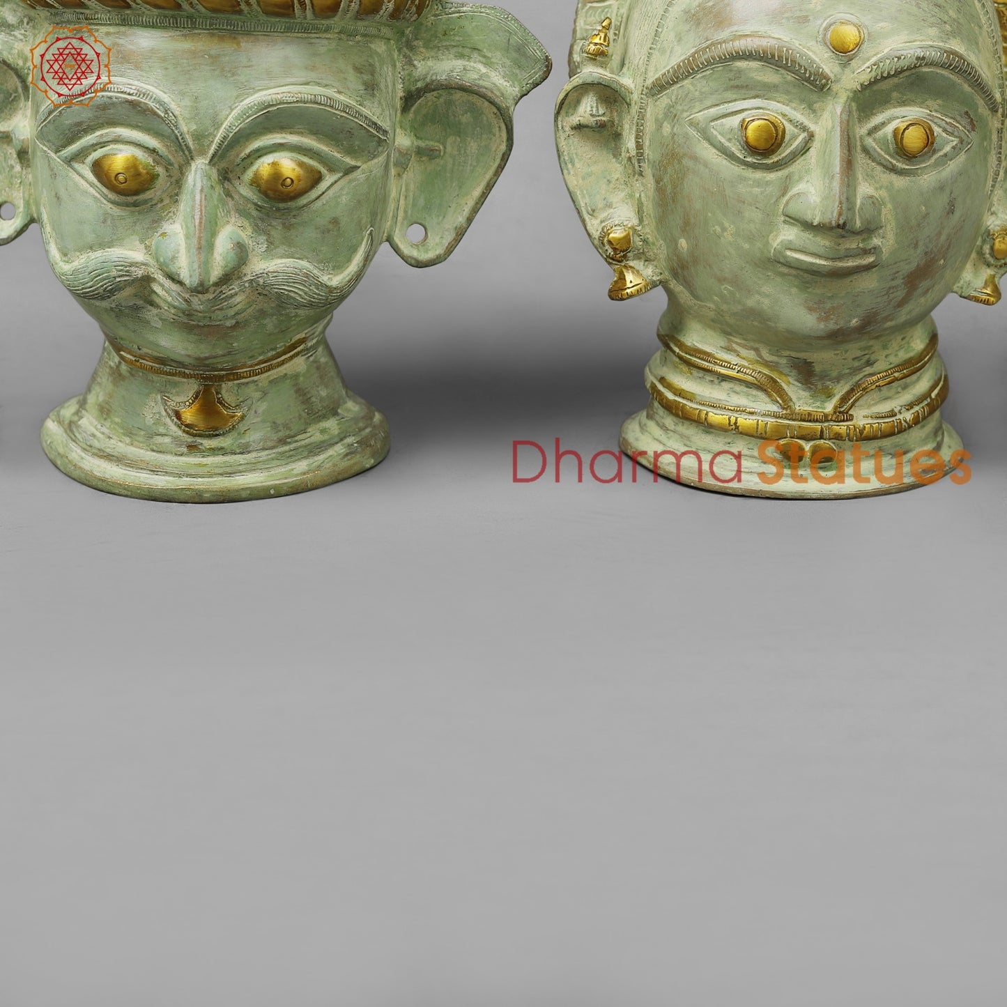 Brass Shiva Parwati Head, Green Leaf Patina 10”