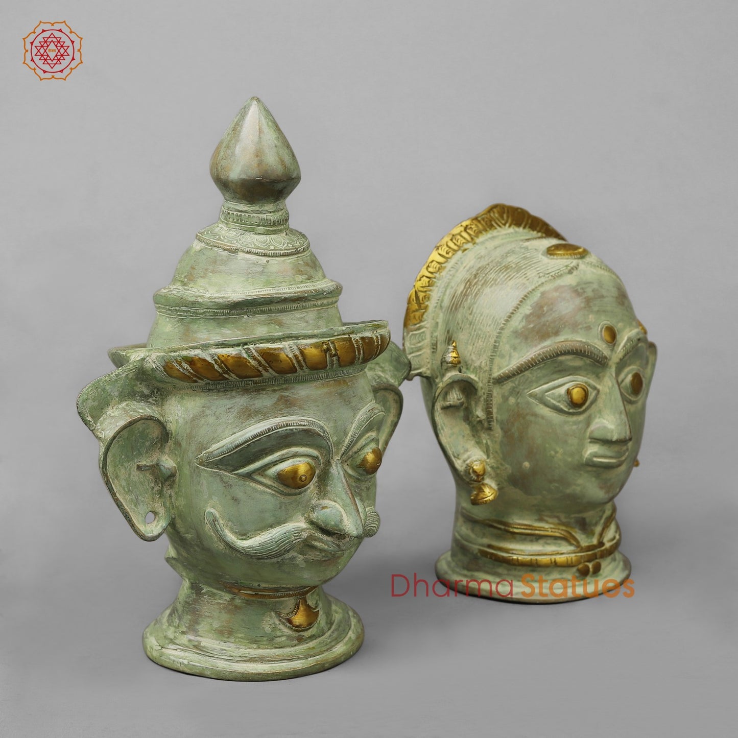 Brass Shiva Parwati Head, Green Leaf Patina 10”