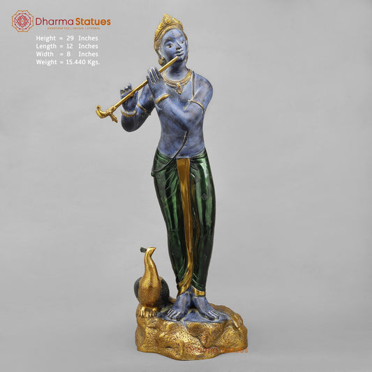 Brass Krishna With Peacock Fine, Antique Turquoise finish 29”