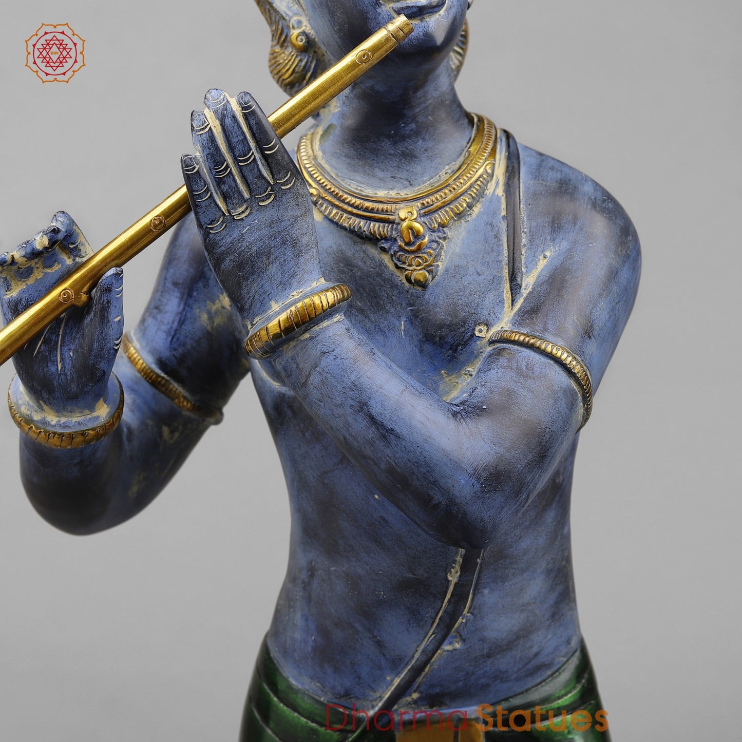 Brass Krishna With Peacock Fine, Antique Turquoise finish 29”