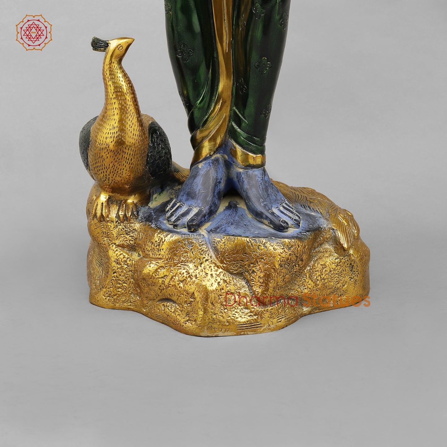 Brass Krishna With Peacock Fine, Antique Turquoise finish 29”