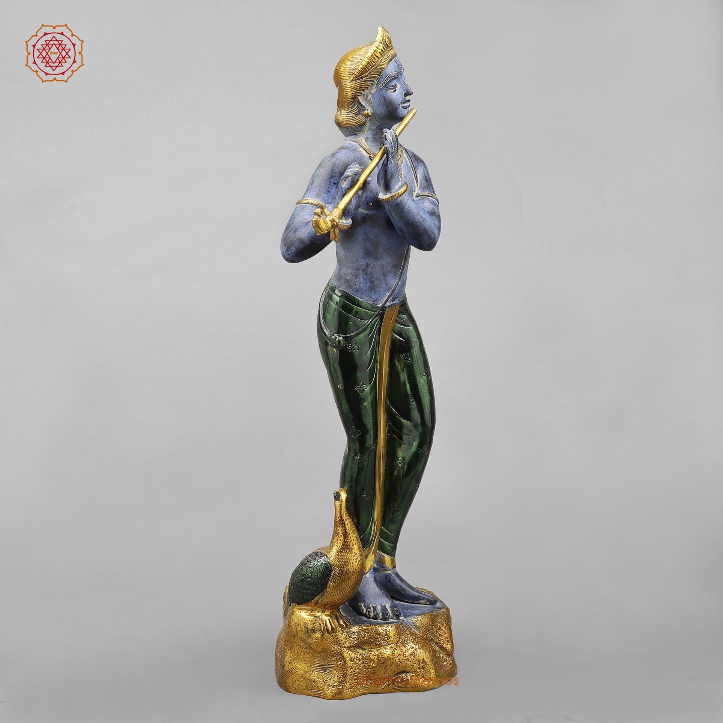 Brass Krishna With Peacock Fine, Antique Turquoise finish 29”
