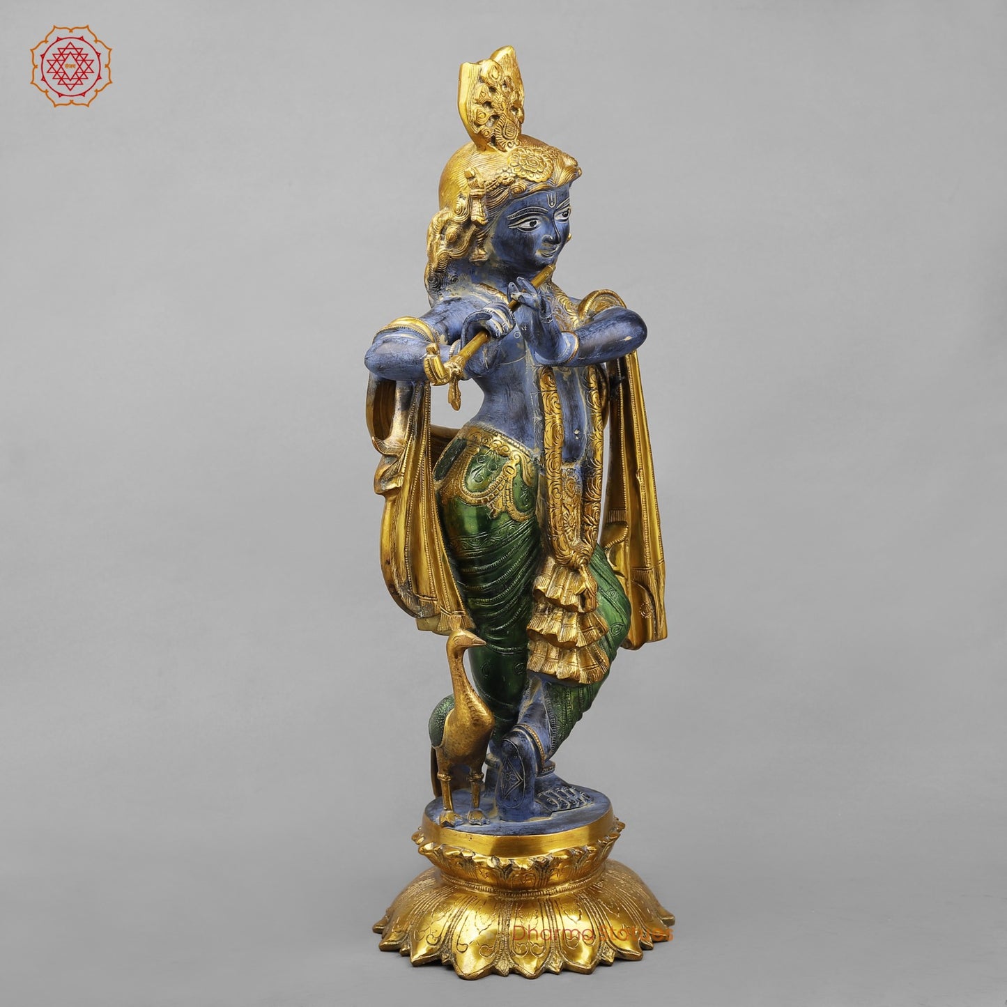 Brass Krishna With Peacock Fine, Antique Turquoise finish 27”