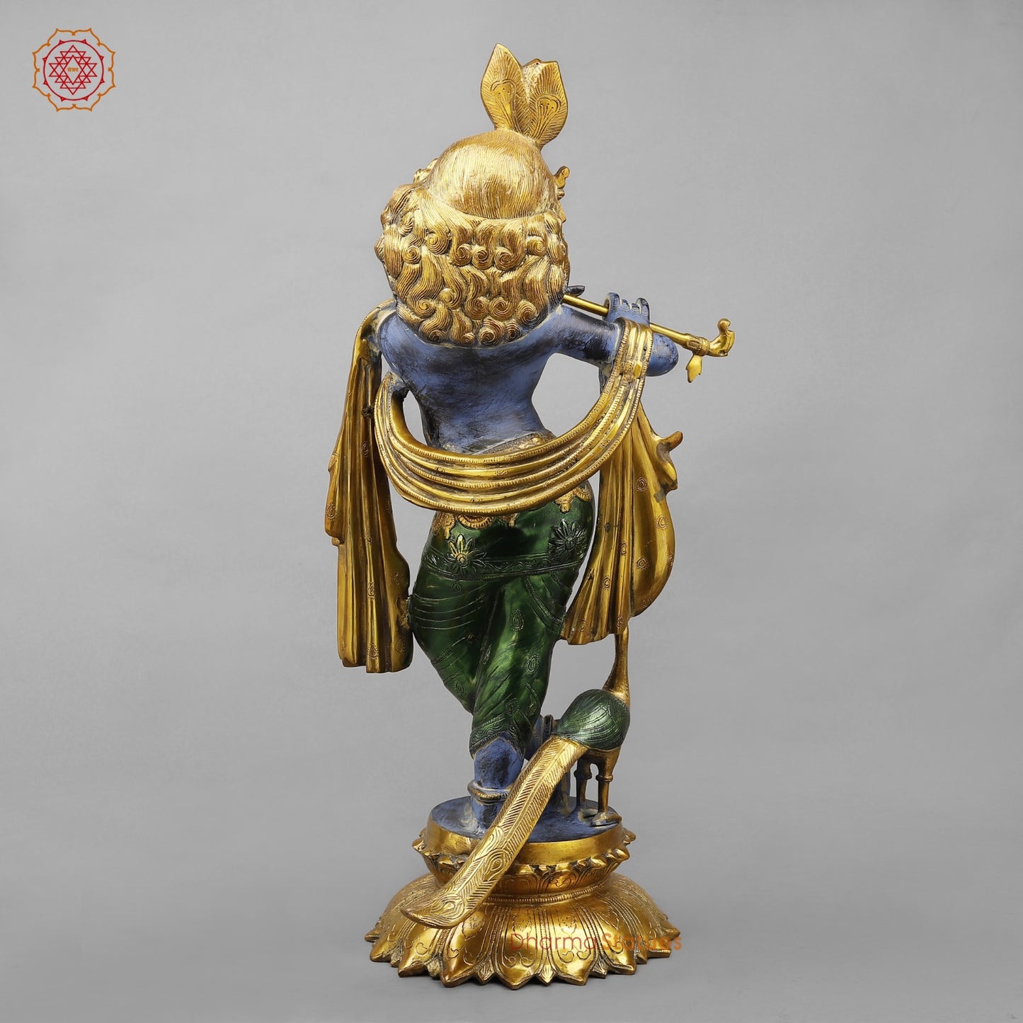 Brass Krishna With Peacock Fine, Antique Turquoise finish 27”