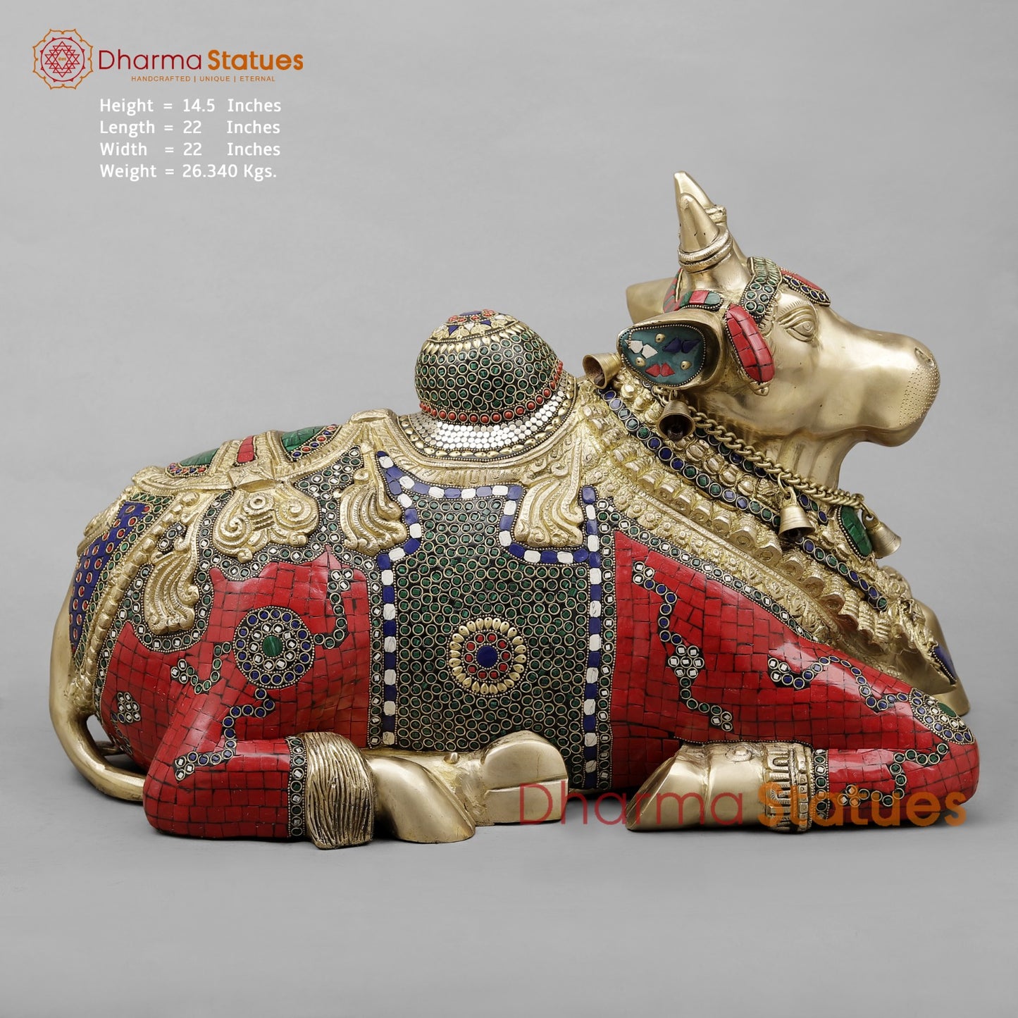 Brass Nandi Seated Fine with Bells , Exotic Red Stone work 22”