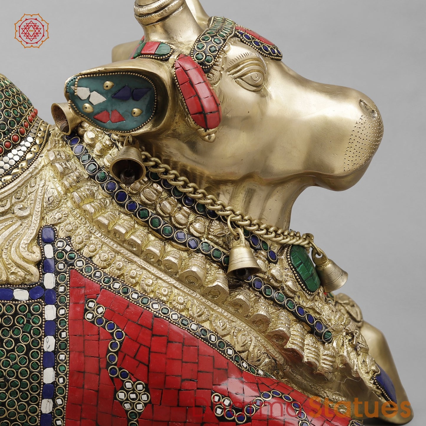 Brass Nandi Seated Fine with Bells , Exotic Red Stone work 22”