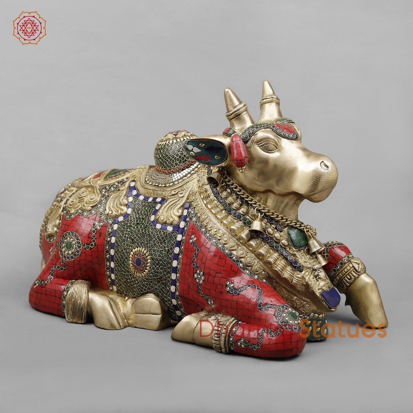 Brass Nandi Seated Fine with Bells , Exotic Red Stone work 22”