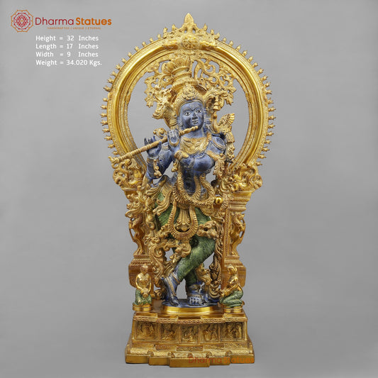Brass Krishna Standing With fine Prabhavali, Antique Turquoise finish 32”