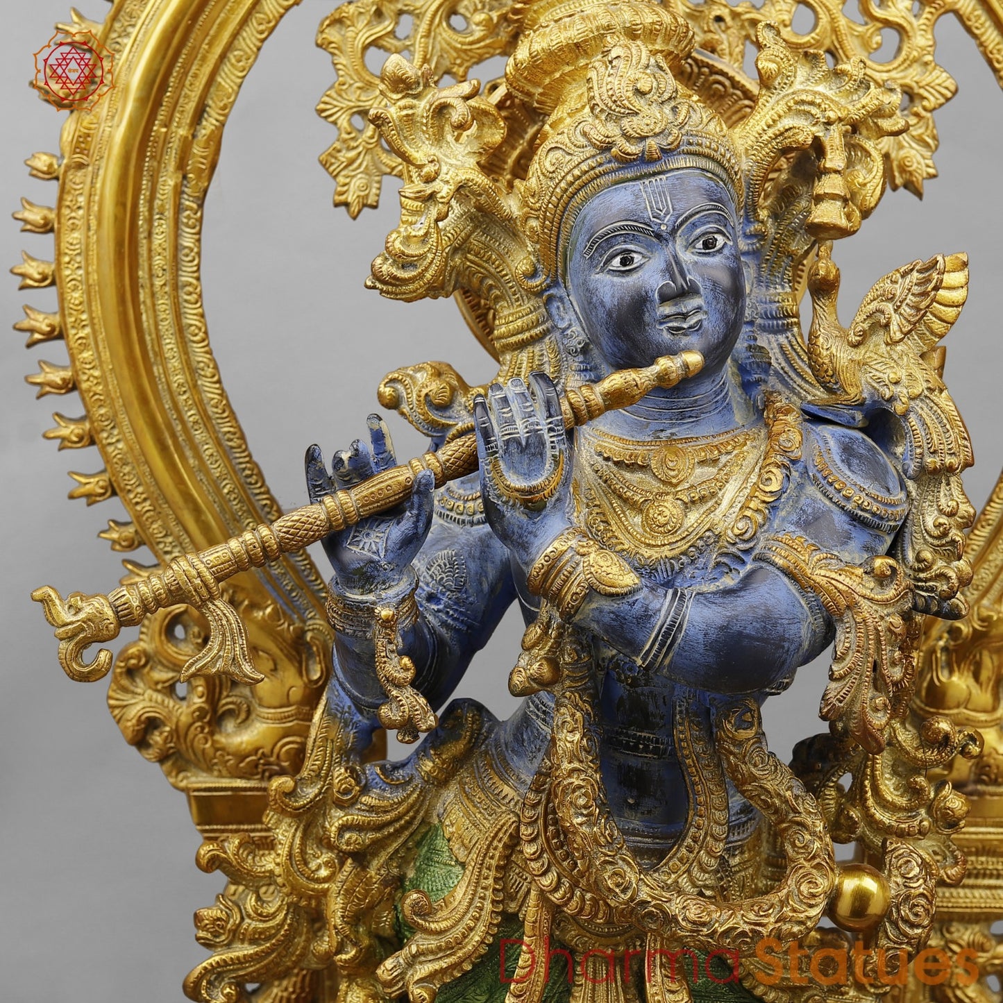 Brass Krishna Standing With fine Prabhavali, Antique Turquoise finish 32”