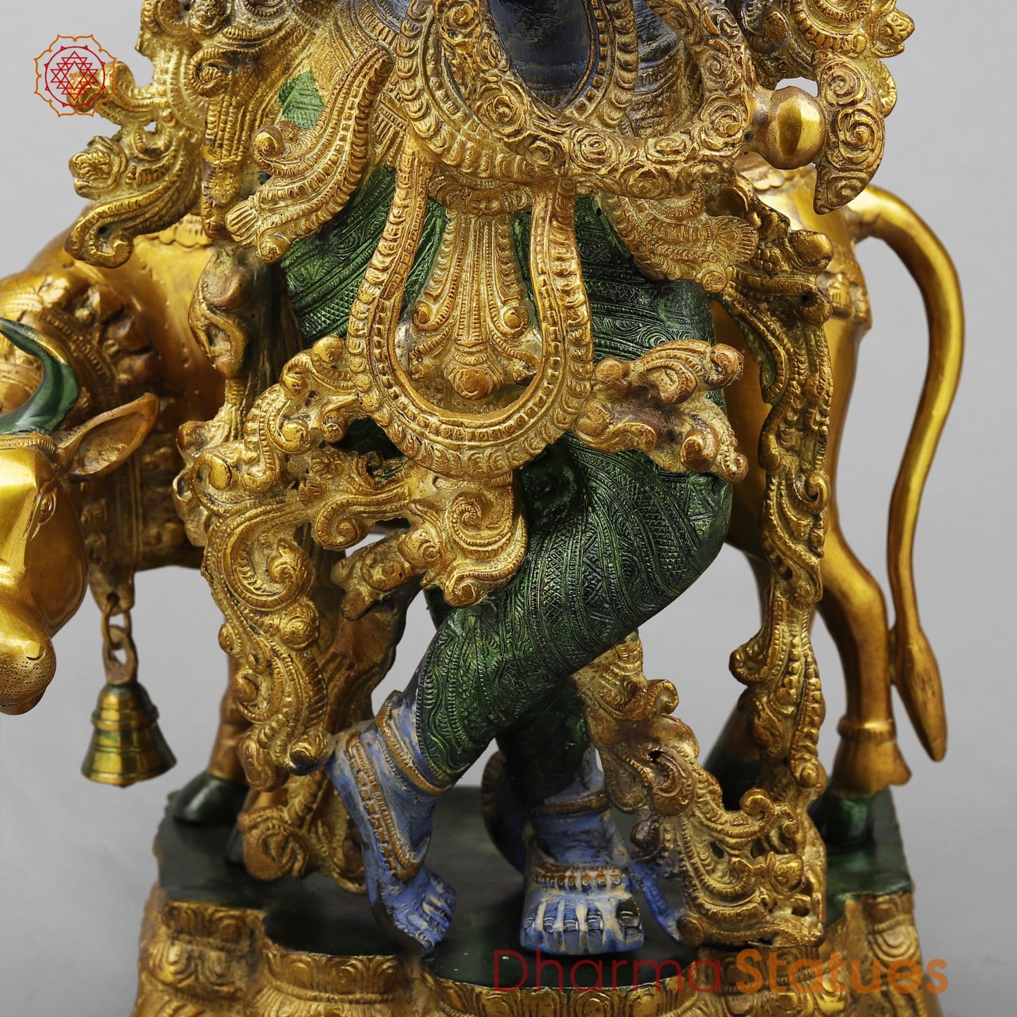 Brass Krishna With Cow Fine, Antique Turquoise finish 27”