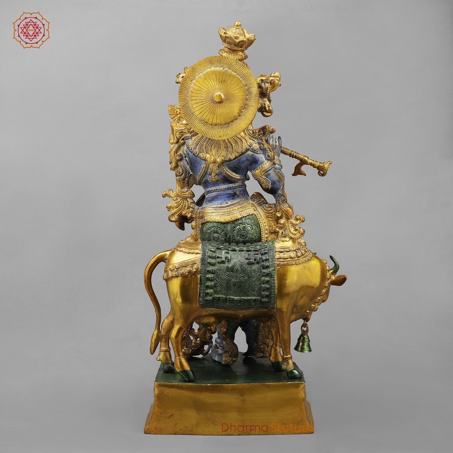 Brass Krishna With Cow Fine, Antique Turquoise finish 27”