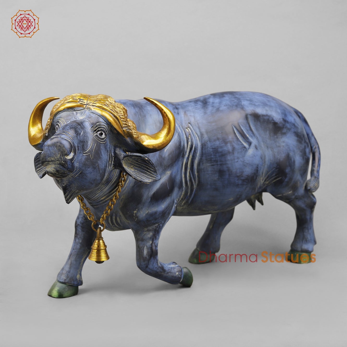 Brass Buffalo With Golden Horns, Antique Turquoise Finish 23”