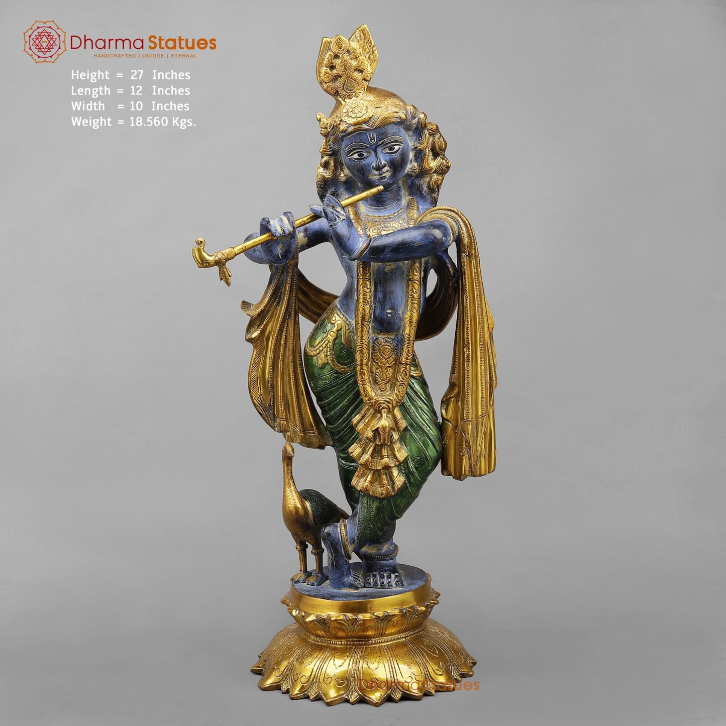 Brass Krishna With Peacock Fine, Antique Turquoise finish 27”
