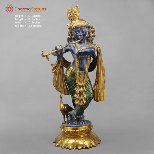 Brass Krishna With Peacock Fine, Antique Turquoise finish 27”