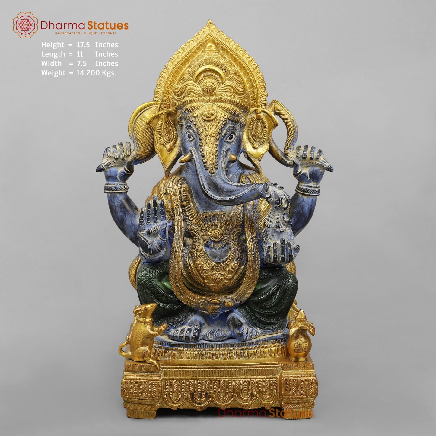 Brass Ornamental Ganesh Fine, Antique Turquoise finish 17.5”