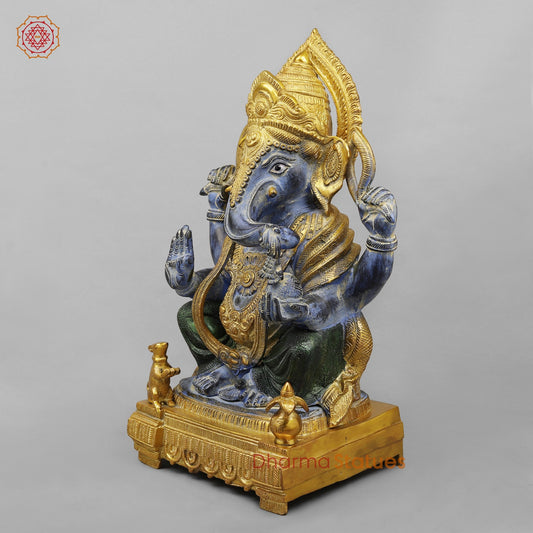 Brass Ornamental Ganesh Fine, Antique Turquoise finish 17.5”
