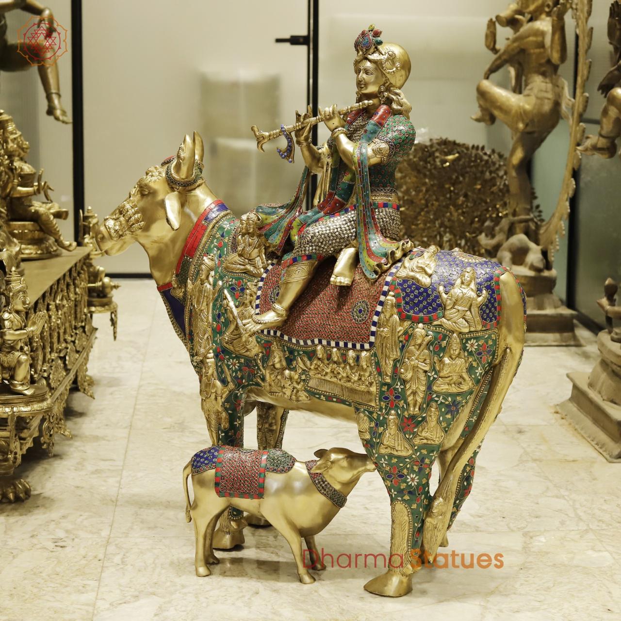 Brass Krishna Seated on Cow with Calf Universal, Fine stone work 43”
