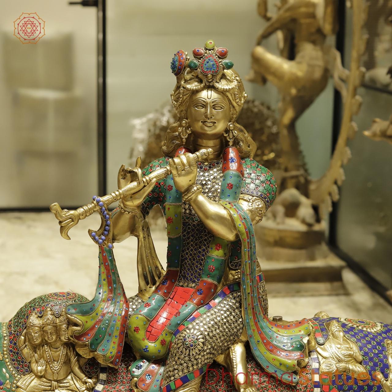 Brass Krishna Seated on Cow with Calf Universal, Fine stone work 43”