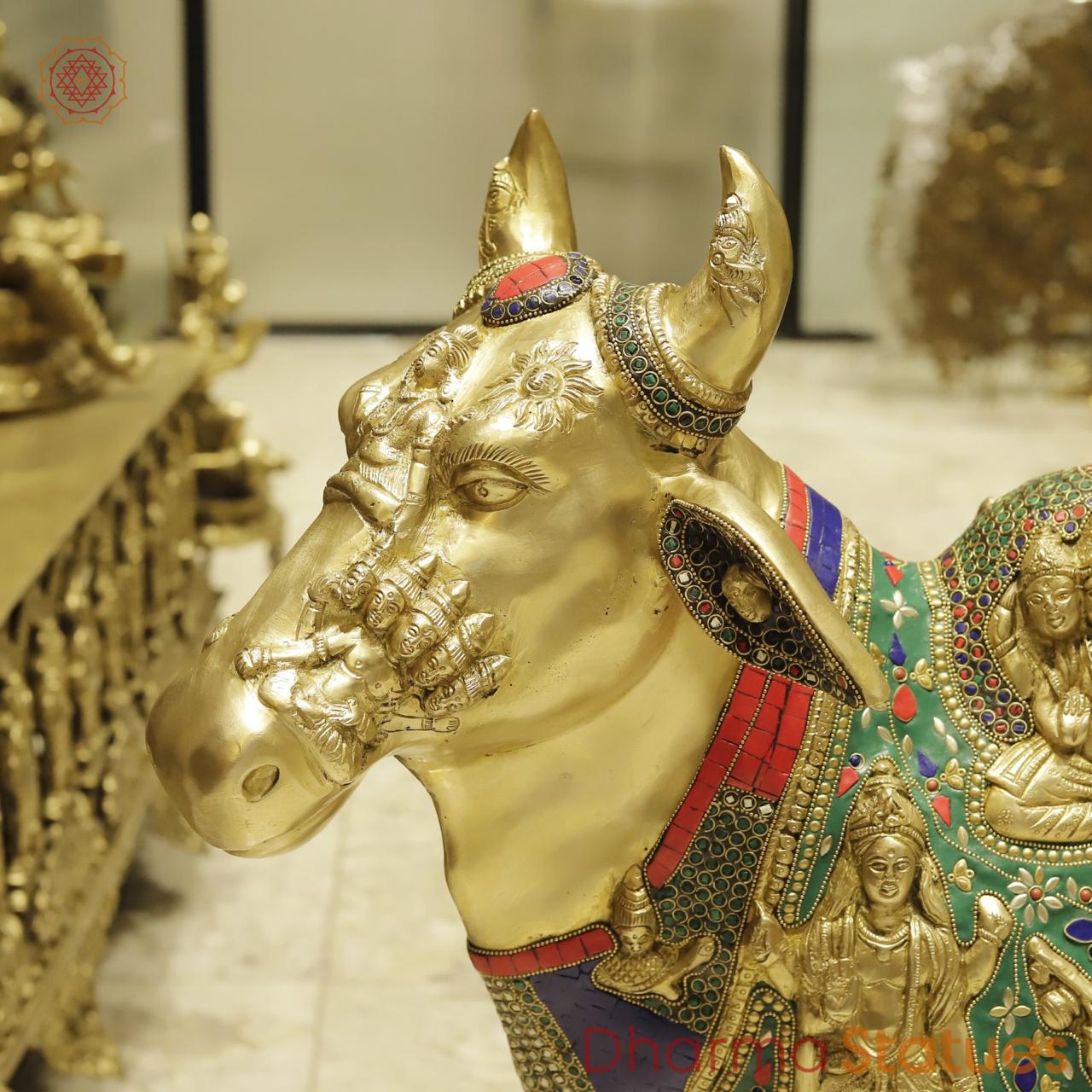Brass Krishna Seated on Cow with Calf Universal, Fine stone work 43”